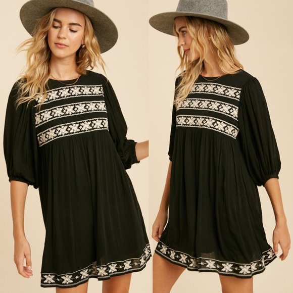 NEW Black Ethnic Embroidered BOHO Babydoll Dress - Picture 3 of 11
